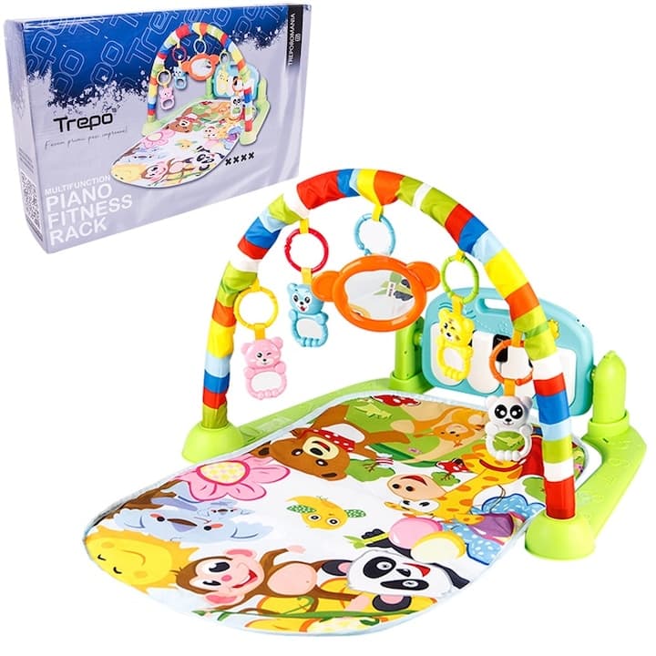 Centru de Activitati si Joaca TREPO®, Saltea Interactiva pentru Copii / Bebe cu Sunete, Multifunctional, Pian si Oglinda Detasabile, Jucarii Zornaitoare, 4 Moduri de Joaca Interactive si Educative, Verde