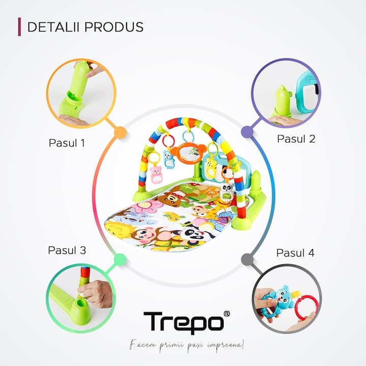 Centru de Activitati si Joaca TREPO®, Saltea Interactiva pentru Copii / Bebe cu Sunete, Multifunctional, Pian si Oglinda Detasabile, Jucarii Zornaitoare, 4 Moduri de Joaca Interactive si Educative, Verde — imaginea 2