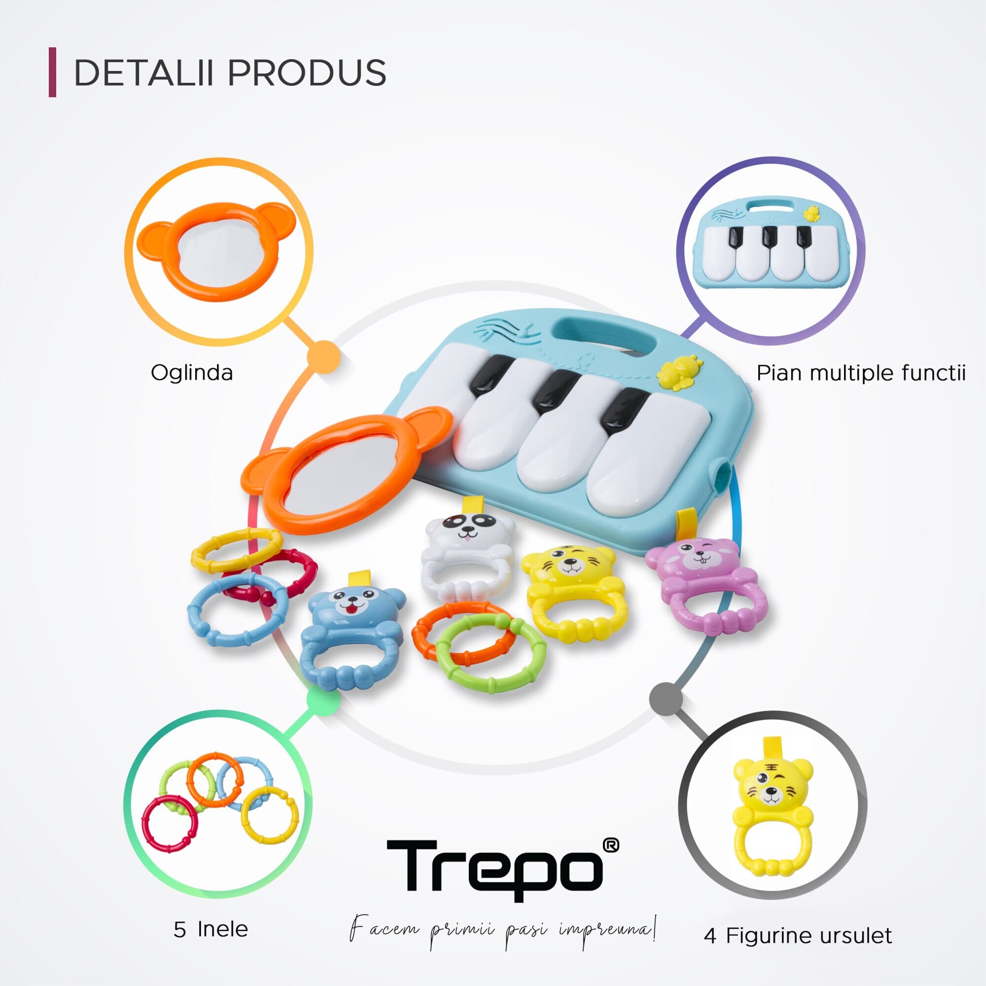 Centru de Activitati si Joaca TREPO®, Saltea Interactiva pentru Copii / Bebe cu Sunete, Multifunctional, Pian si Oglinda Detasabile, Jucarii Zornaitoare, 4 Moduri de Joaca Interactive si Educative, Verde — imaginea 3