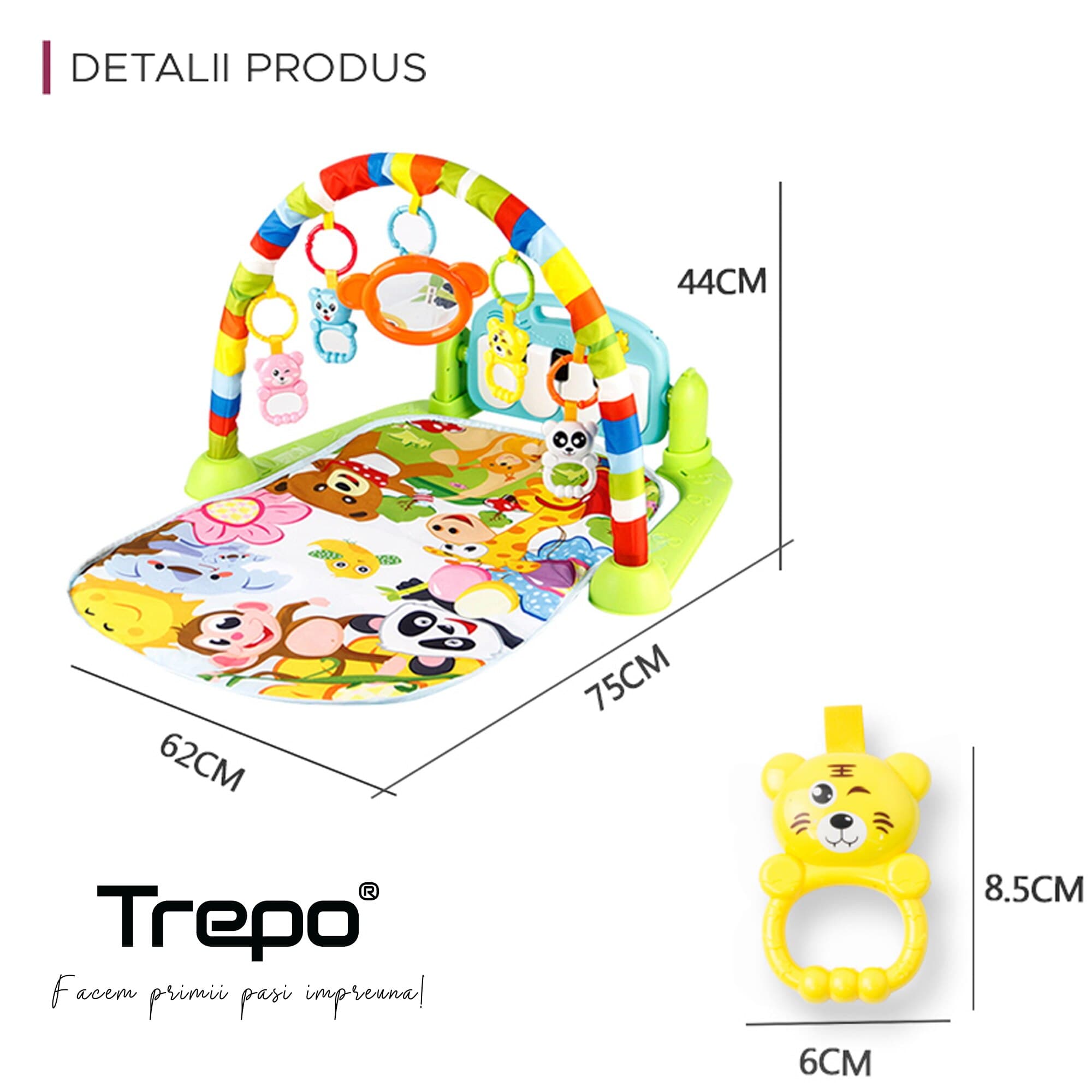 Centru de Activitati si Joaca TREPO®, Saltea Interactiva pentru Copii / Bebe cu Sunete, Multifunctional, Pian si Oglinda Detasabile, Jucarii Zornaitoare, 4 Moduri de Joaca Interactive si Educative, Verde — imaginea 4