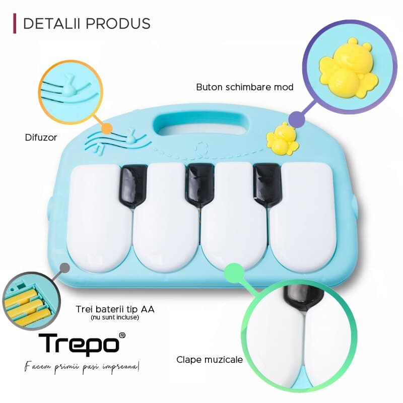 Centru de Activitati si Joaca TREPO®, Saltea Interactiva pentru Copii / Bebe cu Sunete, Multifunctional, Pian si Oglinda Detasabile, Jucarii Zornaitoare, 4 Moduri de Joaca Interactive si Educative, Verde — imaginea 5