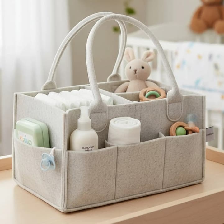 Cutie Depozitare pentru Scutece Elindor® Compartimentare Ajustabila, Organizator pentru Camera Copilului, Organizatoare pentru Dulap, Cutie Organizare, Cos Multifunctional, Separator Haine, Paturi, Jucarii, pentru Dormitor, Masina, 23 x 33 x 18 cm, Bej — imaginea 2