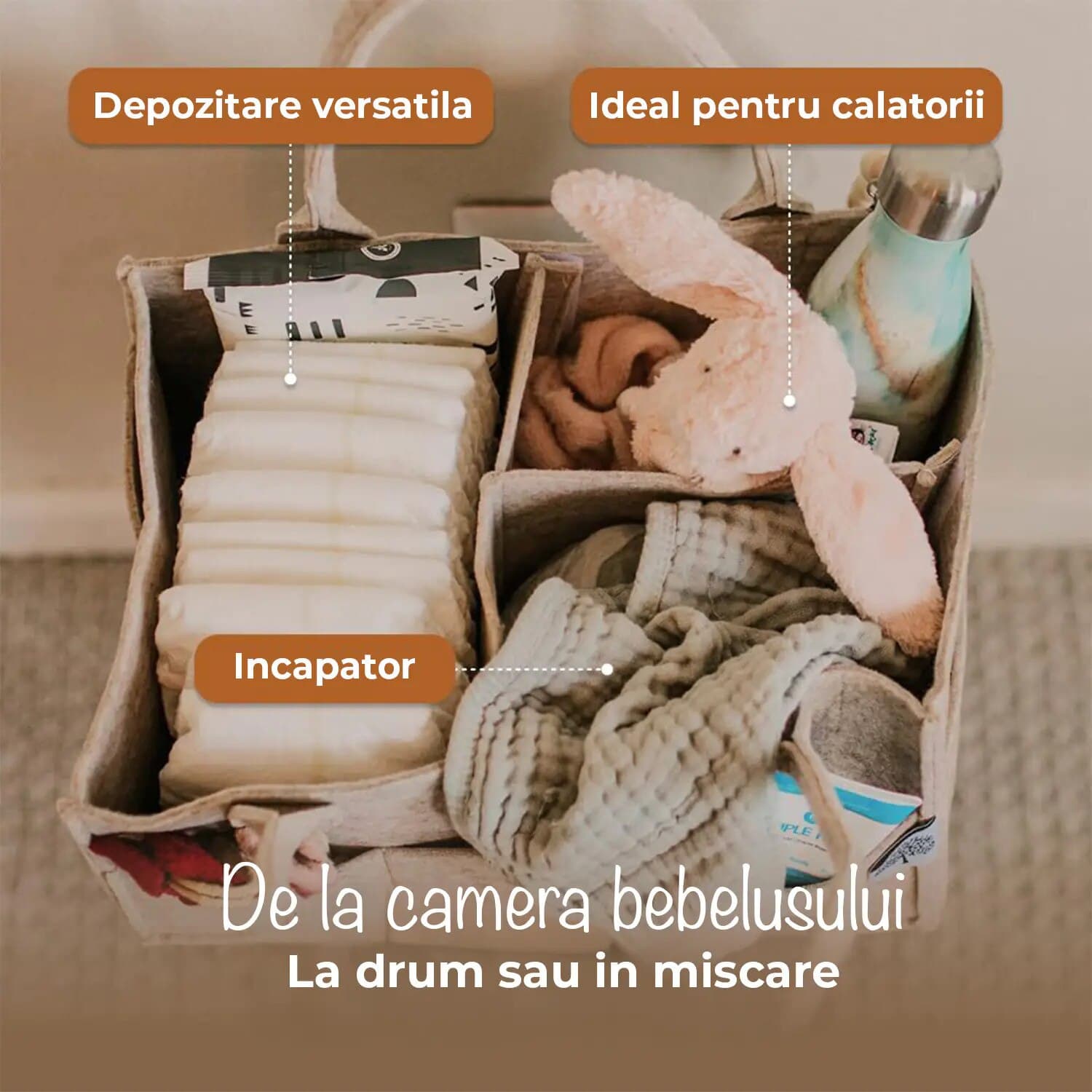 Cutie Depozitare pentru Scutece Elindor® Compartimentare Ajustabila, Organizator pentru Camera Copilului, Organizatoare pentru Dulap, Cutie Organizare, Cos Multifunctional, Separator Haine, Paturi, Jucarii, pentru Dormitor, Masina, 23 x 33 x 18 cm, Bej — imaginea 4