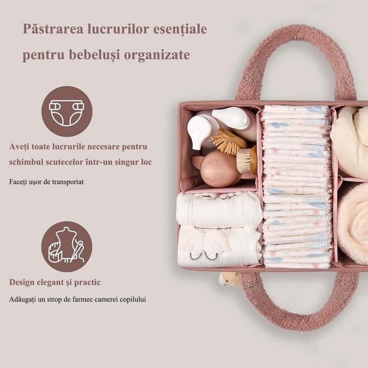 Organizator pentru scutece Yagizaai, cu 2 compartimente, exterior din plus, 38x25x18cm, Roz — imaginea 2