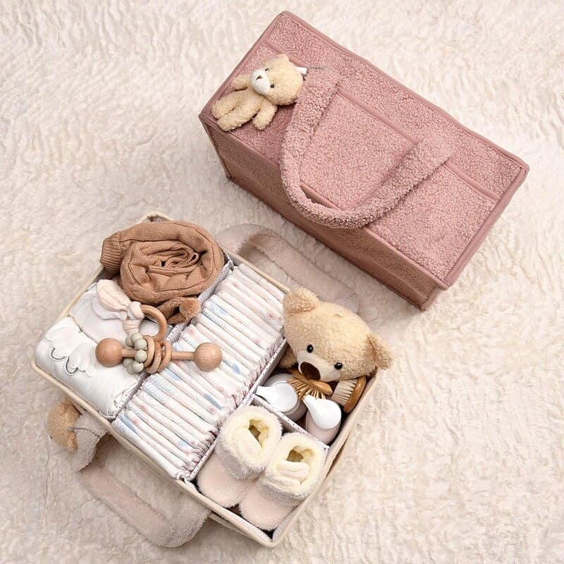 Organizator pentru scutece Yagizaai, cu 2 compartimente, exterior din plus, 38x25x18cm, Roz — imaginea 5