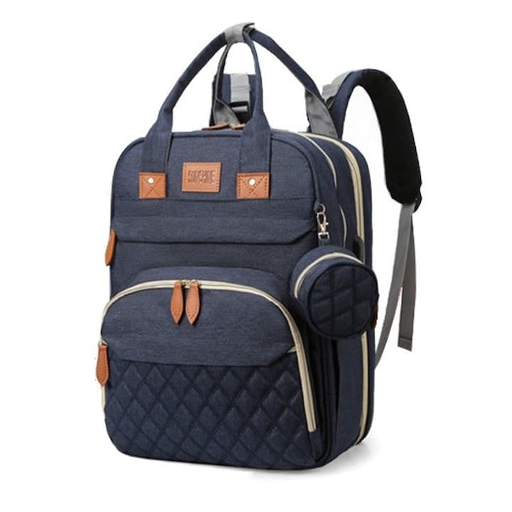 Geanta Bebe tip rucsac scutece cu patut pliabil, Rounded, bleumarin, incapatoare, impermeabila, versatila, ergonomica si sigura pentru mama, tata si copil, Cute4Babies®
