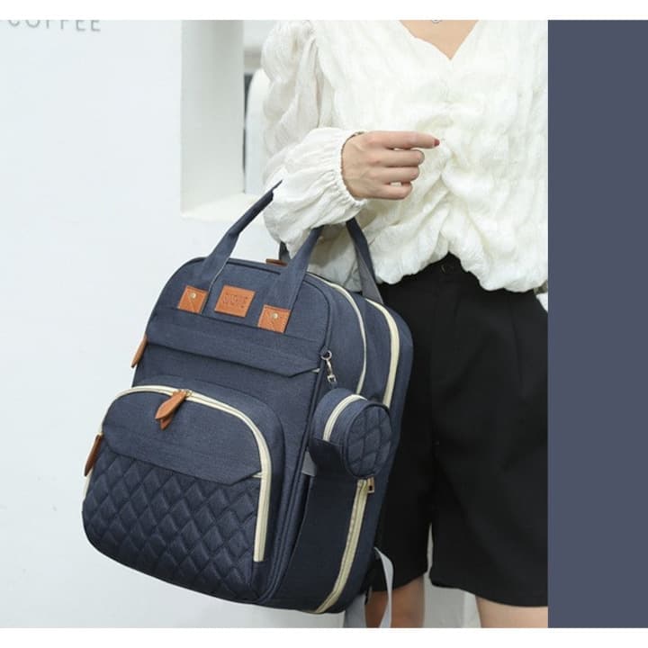 Geanta Bebe tip rucsac scutece cu patut pliabil, Rounded, bleumarin, incapatoare, impermeabila, versatila, ergonomica si sigura pentru mama, tata si copil, Cute4Babies® — imaginea 2
