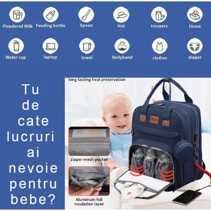 Geanta Bebe tip rucsac scutece cu patut pliabil, Rounded, bleumarin, incapatoare, impermeabila, versatila, ergonomica si sigura pentru mama, tata si copil, Cute4Babies® — imaginea 4
