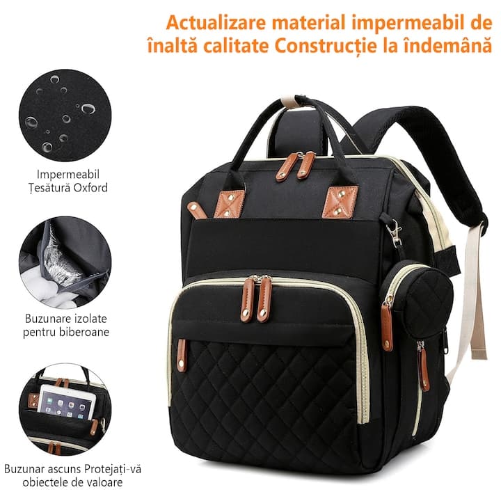 Rucsac tip patut extensibil, RorAem, Rucsac Multifunctional pentru Mamici cu 17 Compartimente, Geanta Bebe tip Rucsac Scutece cu Patut Extensibil, Port Incarcare Telefon, Buzunar Termic, 56 L, Prindere Carucior si Troler, material tesatura Oxford, Negru — imaginea 2