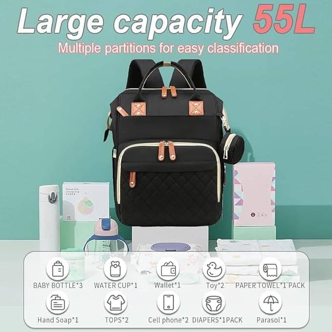 Rucsac tip patut extensibil, RorAem, Rucsac Multifunctional pentru Mamici cu 17 Compartimente, Geanta Bebe tip Rucsac Scutece cu Patut Extensibil, Port Incarcare Telefon, Buzunar Termic, 56 L, Prindere Carucior si Troler, material tesatura Oxford, Negru — imaginea 3