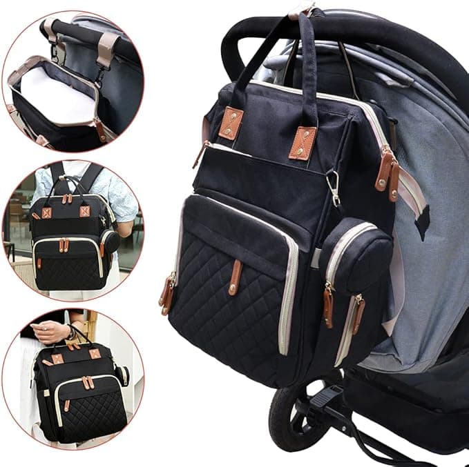 Rucsac tip patut extensibil, RorAem, Rucsac Multifunctional pentru Mamici cu 17 Compartimente, Geanta Bebe tip Rucsac Scutece cu Patut Extensibil, Port Incarcare Telefon, Buzunar Termic, 56 L, Prindere Carucior si Troler, material tesatura Oxford, Negru — imaginea 4