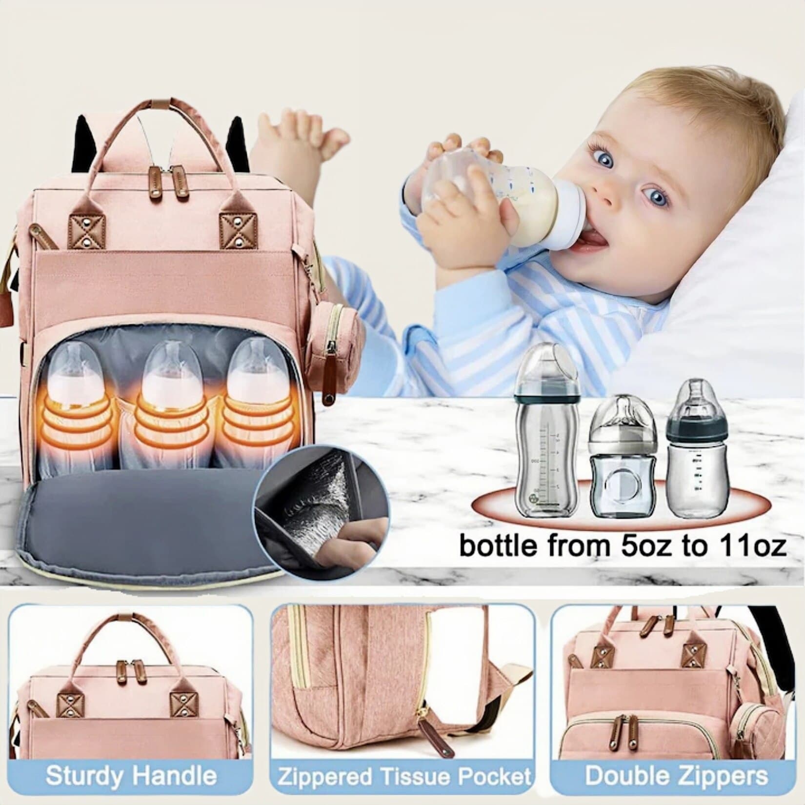 Rucsac tip patut extensibil, RorAem, Rucsac Multifunctional pentru Mamici cu 17 Compartimente, Geanta Bebe tip Rucsac Scutece cu Patut Extensibil, Port Incarcare Telefon, Buzunar Termic, 56 L, Prindere Carucior si Troler, material tesatura Oxford, Negru — imaginea 5