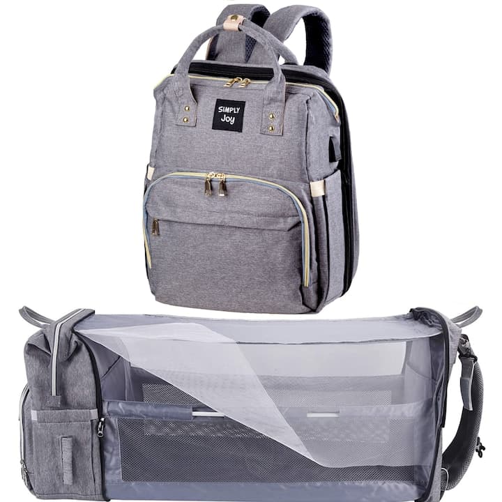 Geanta - Rucsac multifunctional pentru Scutece Bebelusi cu patut pliabil, Mamici si Copii, Gri — imaginea 2
