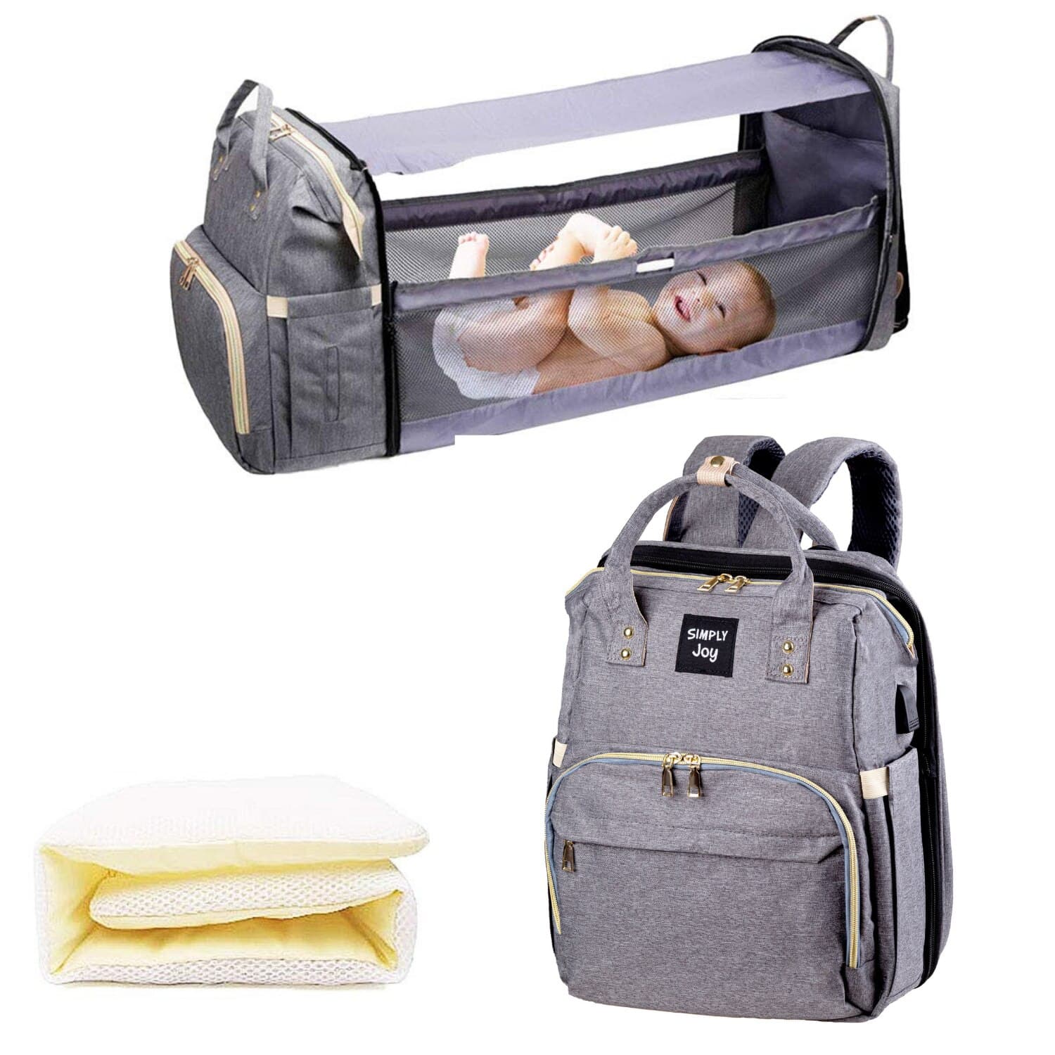 Geanta - Rucsac multifunctional pentru Scutece Bebelusi cu patut pliabil, Mamici si Copii, Gri — imaginea 3