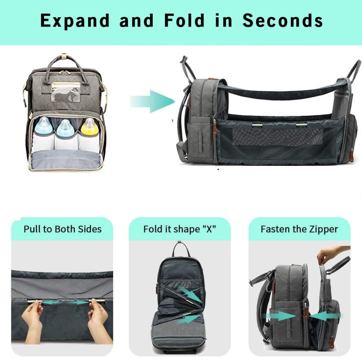 Geanta - Rucsac multifunctional pentru Scutece Bebelusi cu patut pliabil, Mamici si Copii, Gri — imaginea 5