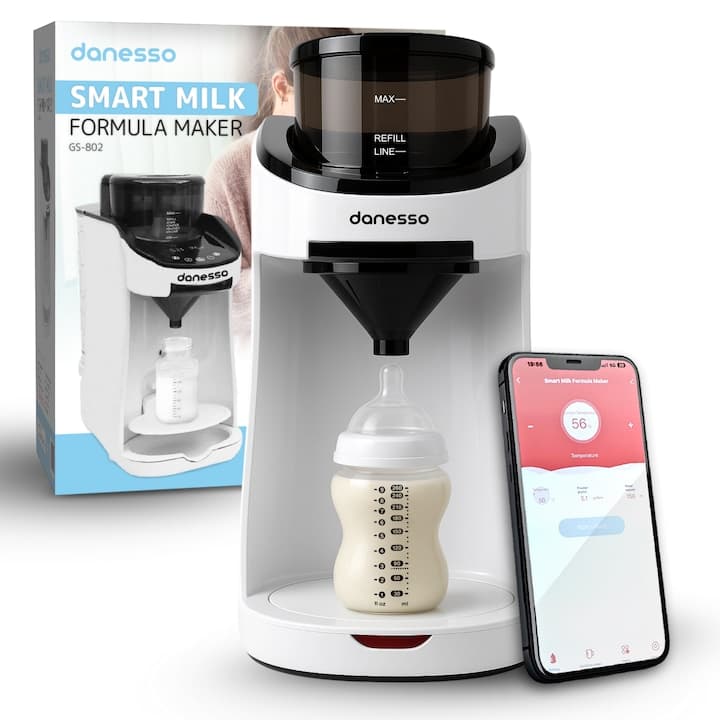 Espressor Lapte Praf pentru Bebelusi si Copii, Danesso®, Autocuratare, Temperatura Reglabila, Aplicatie Mobila Inclusa, WI-FI, Functie de Apa Calda, Capacitate Rezervor apa 1.8 L, Display digital, Identificare biberon, Setare personalizata a portiei, Alb
