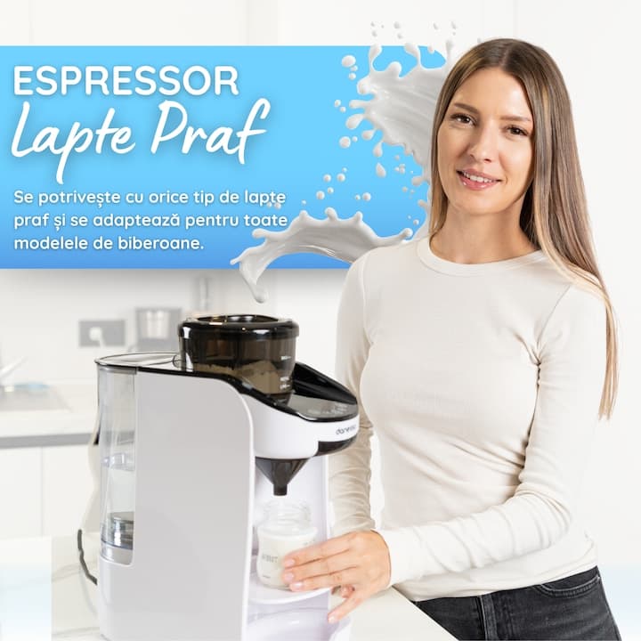 Espressor Lapte Praf pentru Bebelusi si Copii, Danesso®, Autocuratare, Temperatura Reglabila, Aplicatie Mobila Inclusa, WI-FI, Functie de Apa Calda, Capacitate Rezervor apa 1.8 L, Display digital, Identificare biberon, Setare personalizata a portiei, Alb — imaginea 2