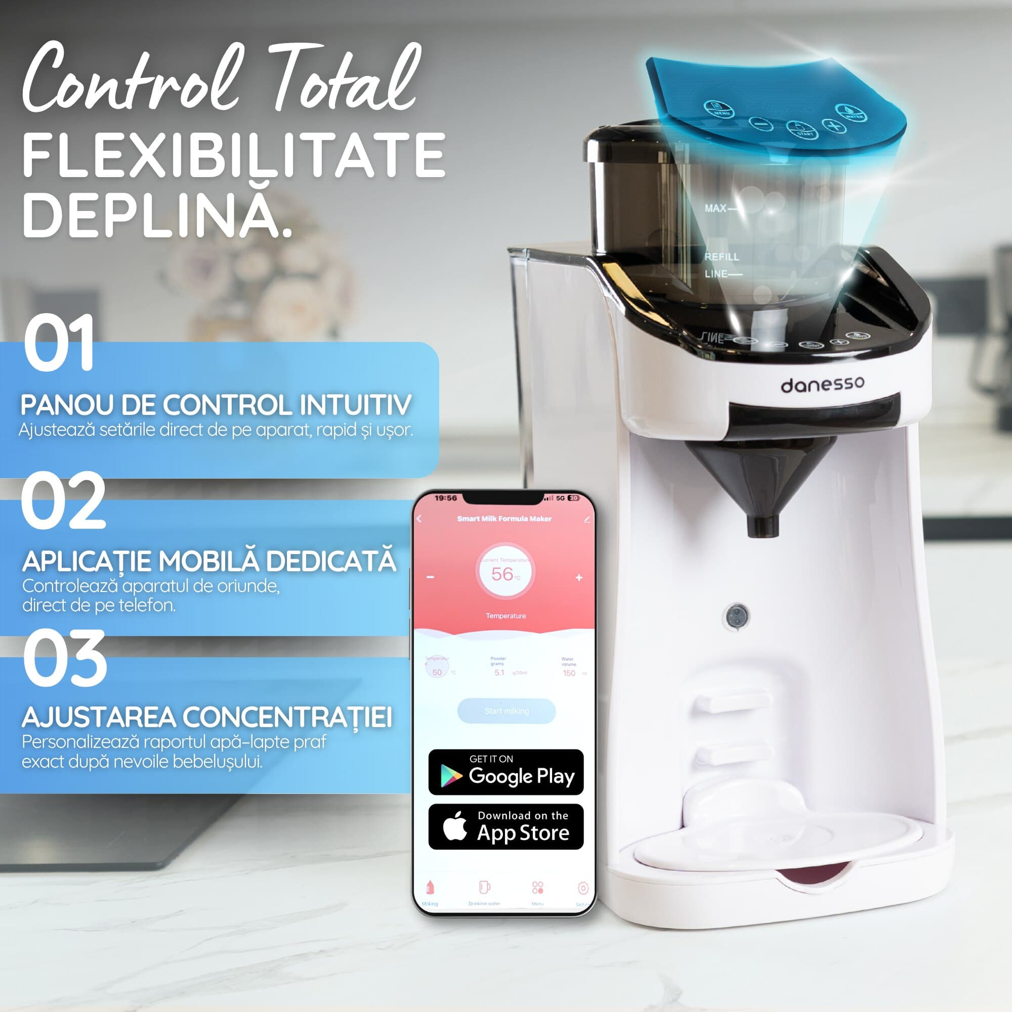Espressor Lapte Praf pentru Bebelusi si Copii, Danesso®, Autocuratare, Temperatura Reglabila, Aplicatie Mobila Inclusa, WI-FI, Functie de Apa Calda, Capacitate Rezervor apa 1.8 L, Display digital, Identificare biberon, Setare personalizata a portiei, Alb — imaginea 3