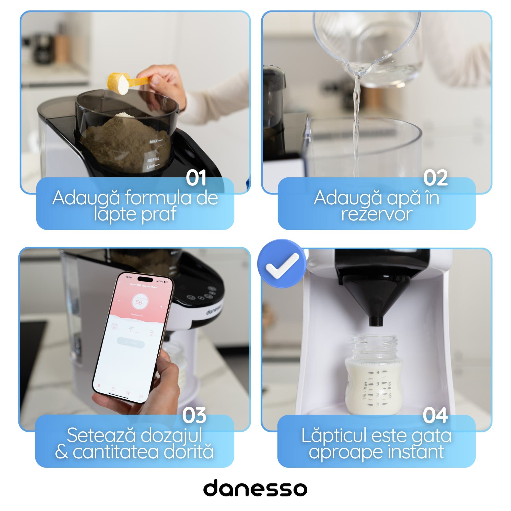 Espressor Lapte Praf pentru Bebelusi si Copii, Danesso®, Autocuratare, Temperatura Reglabila, Aplicatie Mobila Inclusa, WI-FI, Functie de Apa Calda, Capacitate Rezervor apa 1.8 L, Display digital, Identificare biberon, Setare personalizata a portiei, Alb — imaginea 4