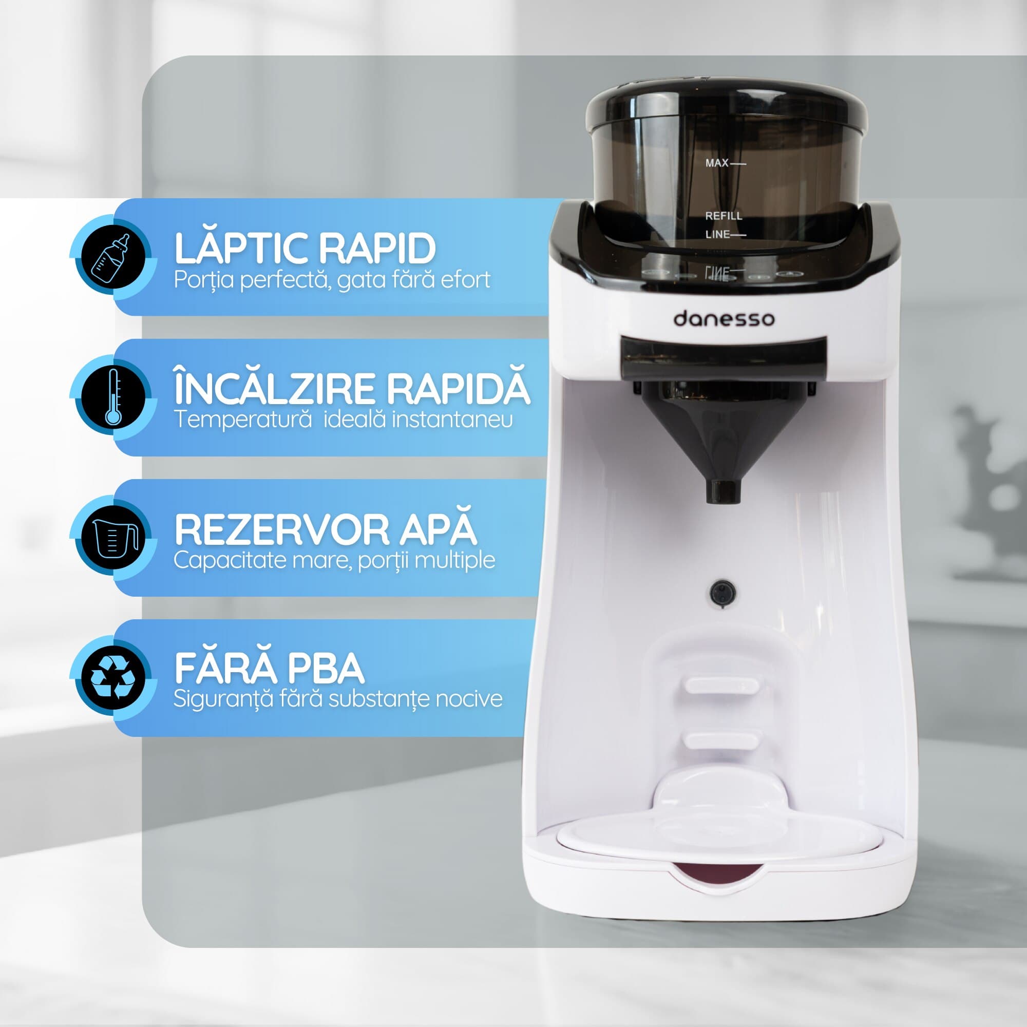 Espressor Lapte Praf pentru Bebelusi si Copii, Danesso®, Autocuratare, Temperatura Reglabila, Aplicatie Mobila Inclusa, WI-FI, Functie de Apa Calda, Capacitate Rezervor apa 1.8 L, Display digital, Identificare biberon, Setare personalizata a portiei, Alb — imaginea 5