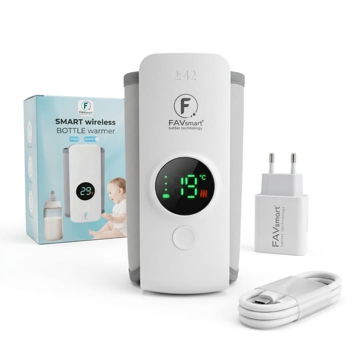 Incalzitor Biberoane Portabil FAVsmart®, cu Incarcator Inclus, Termostat Automat si Display LCD, Ideal pentru Hranire Nocturna si Calatorii, 6000mAh, Alb/Gri