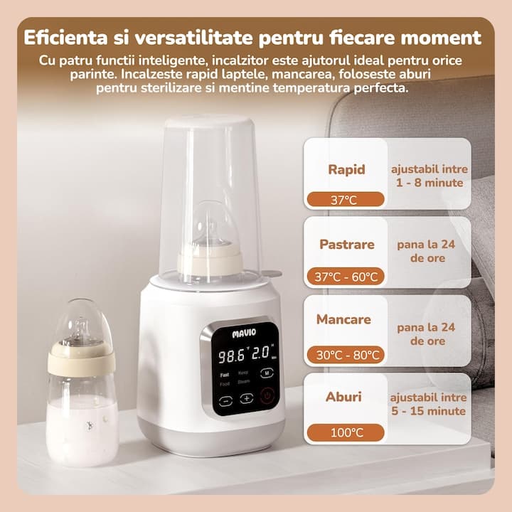 Incalzitor Biberon Mavio® pentru Bebelusi, 7in1, Functii: Incalzire Mancare, Dezghetare Rapida, Sterilizare, Pastrare la Cald 24 Ore, 35 - 60°C, 400W, Control Touch, Fara BPA, Alb — imaginea 2