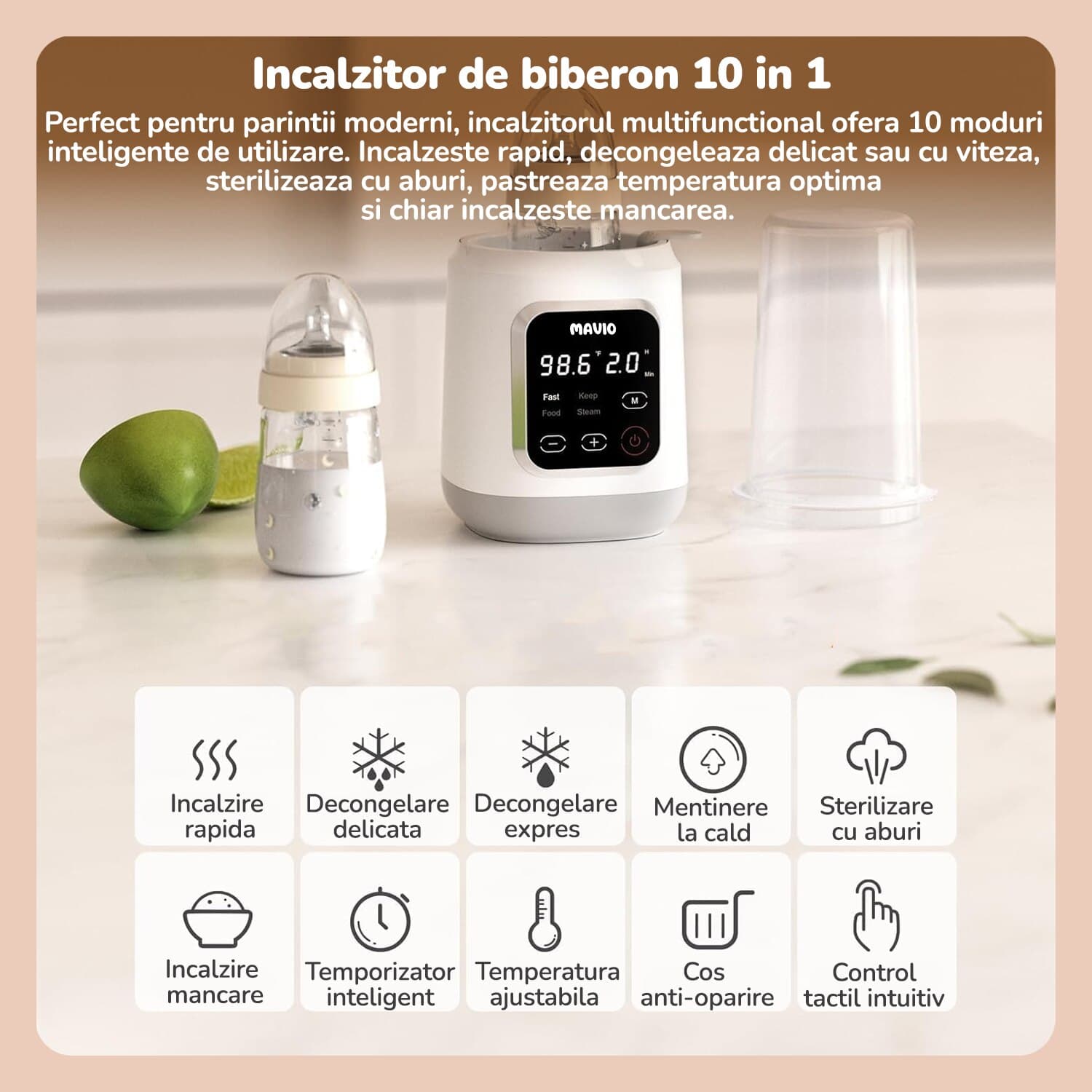 Incalzitor Biberon Mavio® pentru Bebelusi, 7in1, Functii: Incalzire Mancare, Dezghetare Rapida, Sterilizare, Pastrare la Cald 24 Ore, 35 - 60°C, 400W, Control Touch, Fara BPA, Alb — imaginea 3