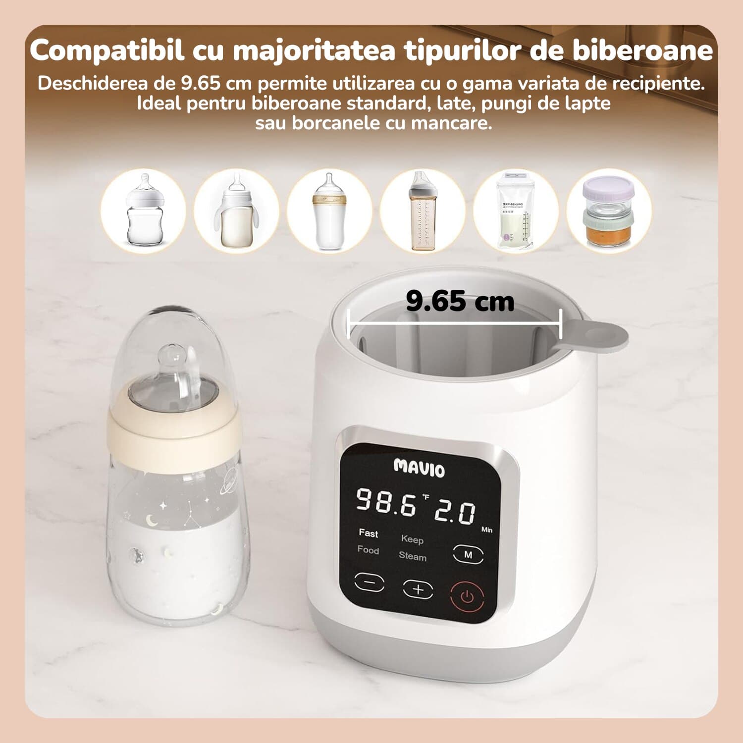 Incalzitor Biberon Mavio® pentru Bebelusi, 7in1, Functii: Incalzire Mancare, Dezghetare Rapida, Sterilizare, Pastrare la Cald 24 Ore, 35 - 60°C, 400W, Control Touch, Fara BPA, Alb — imaginea 4