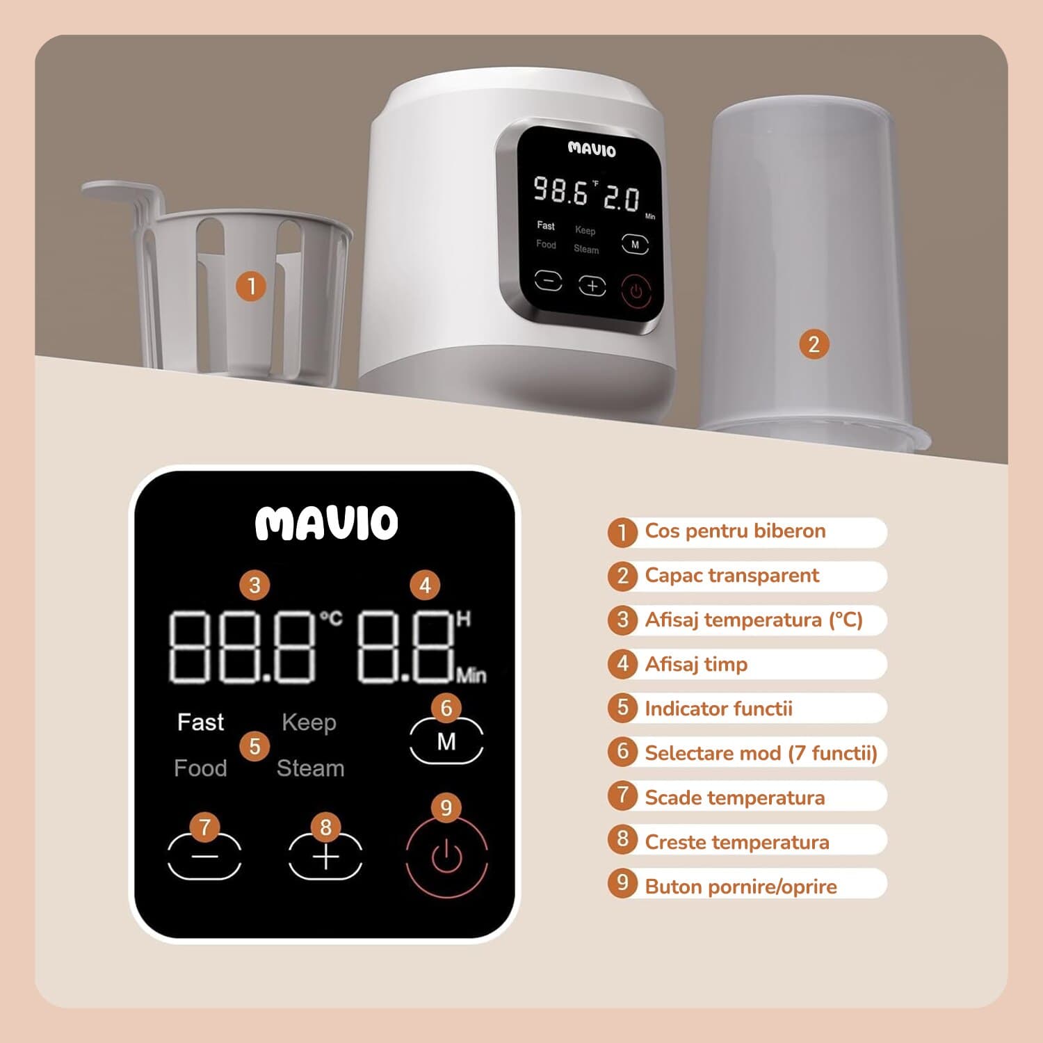 Incalzitor Biberon Mavio® pentru Bebelusi, 7in1, Functii: Incalzire Mancare, Dezghetare Rapida, Sterilizare, Pastrare la Cald 24 Ore, 35 - 60°C, 400W, Control Touch, Fara BPA, Alb — imaginea 5