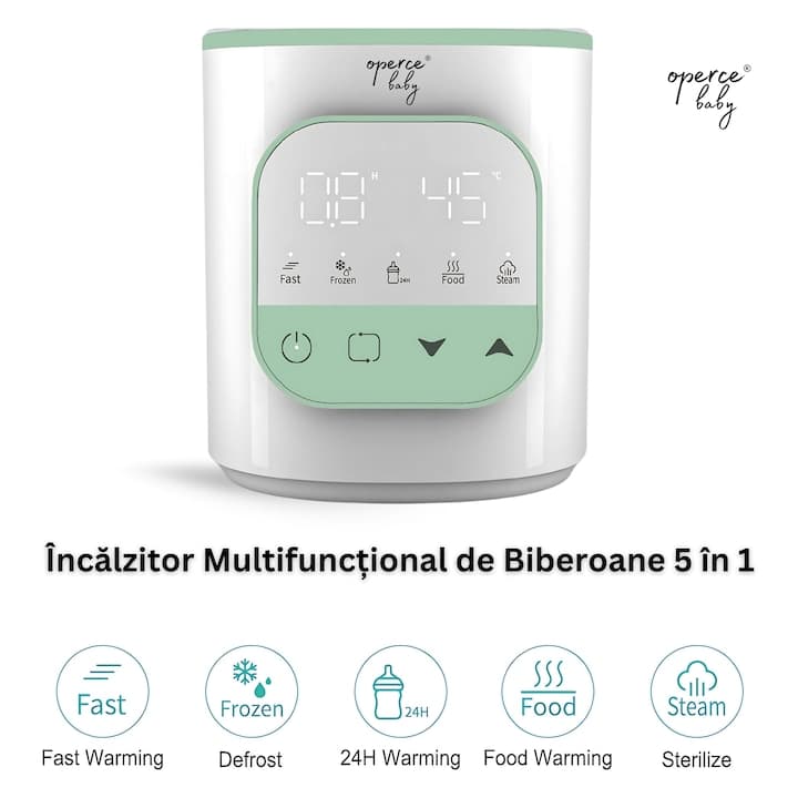 Incalzitor si Sterilizator Biberoane OPERCEBABYⓇ, 5 in 1, Incalzire Rapida, Decongelare, 24h Mentinere Cald, Incalzire Hrana, Sterilizare cu Aburi, Fara BPA, Ecran Tactil LED, Fara BPA, 200W, Perii + Pahar Masurare, Alb/Verde Salvie — imaginea 2