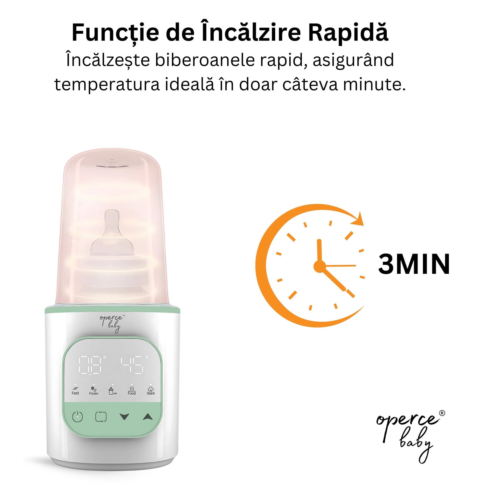 Incalzitor si Sterilizator Biberoane OPERCEBABYⓇ, 5 in 1, Incalzire Rapida, Decongelare, 24h Mentinere Cald, Incalzire Hrana, Sterilizare cu Aburi, Fara BPA, Ecran Tactil LED, Fara BPA, 200W, Perii + Pahar Masurare, Alb/Verde Salvie — imaginea 3