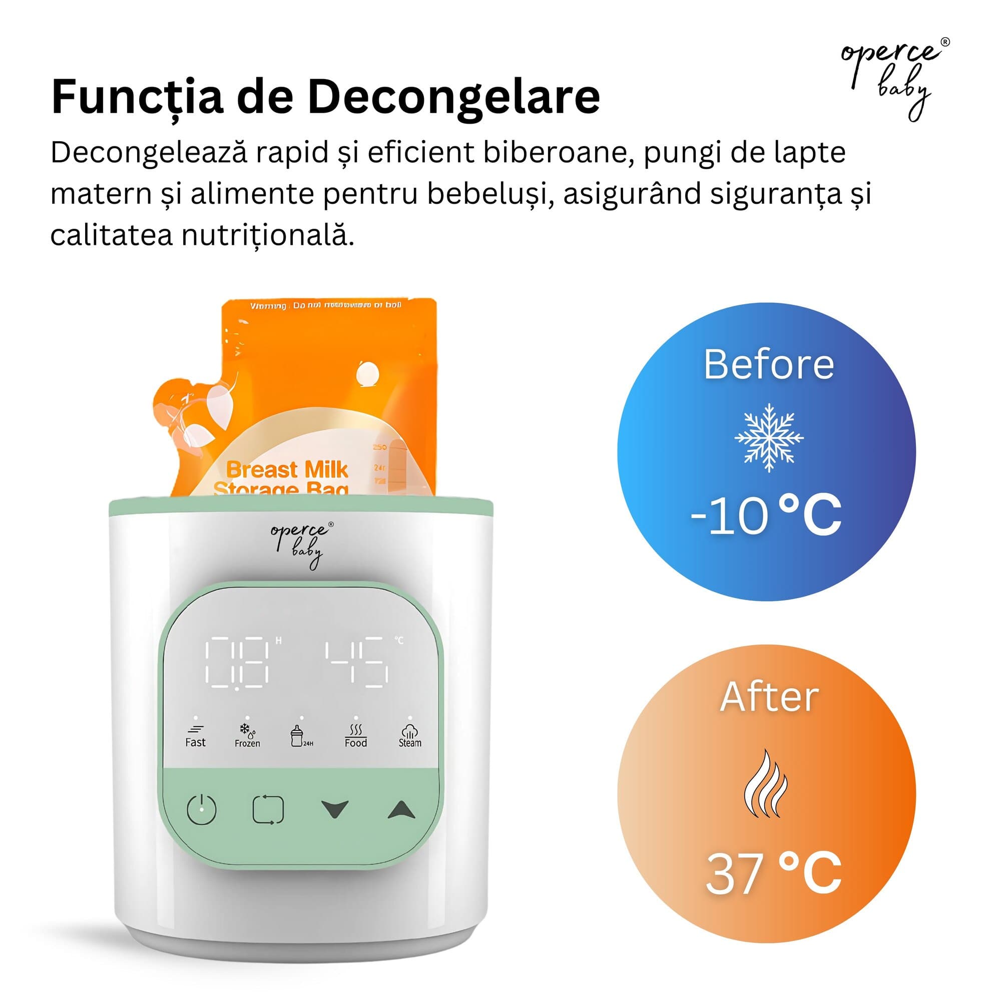 Incalzitor si Sterilizator Biberoane OPERCEBABYⓇ, 5 in 1, Incalzire Rapida, Decongelare, 24h Mentinere Cald, Incalzire Hrana, Sterilizare cu Aburi, Fara BPA, Ecran Tactil LED, Fara BPA, 200W, Perii + Pahar Masurare, Alb/Verde Salvie — imaginea 4