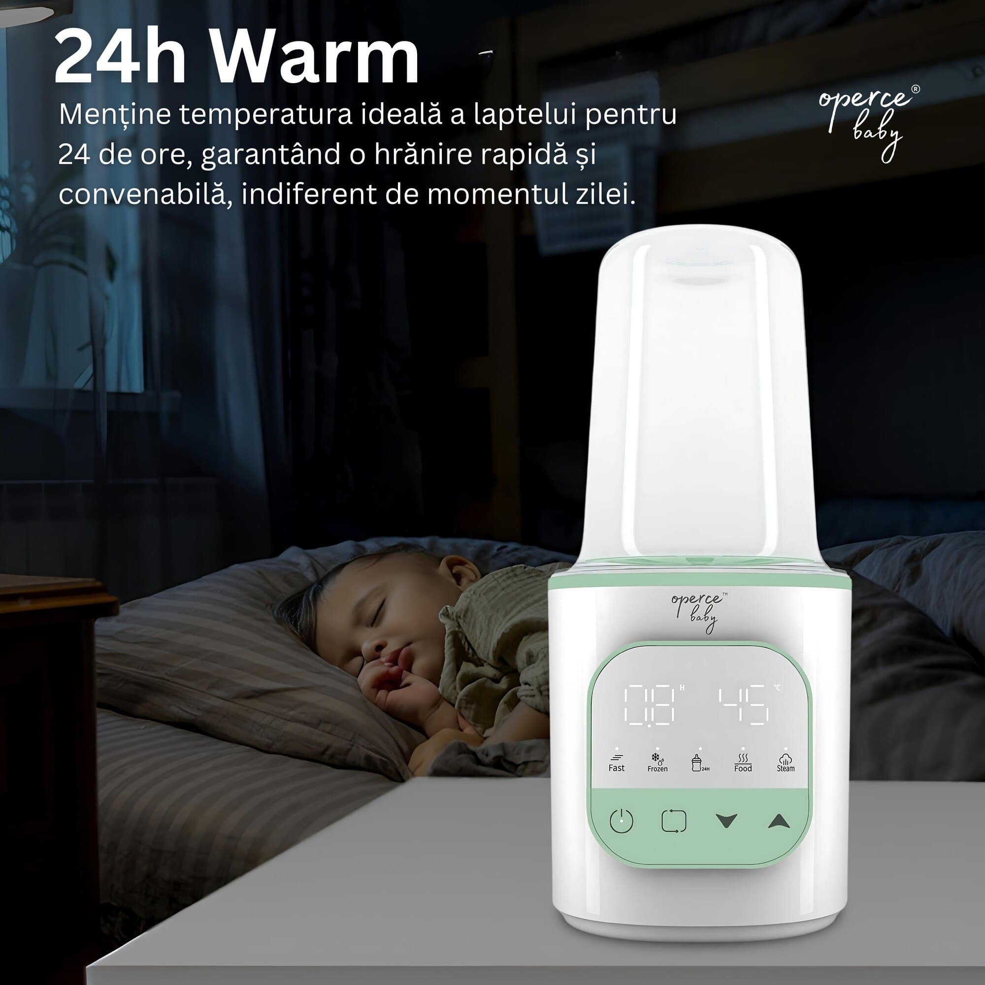 Incalzitor si Sterilizator Biberoane OPERCEBABYⓇ, 5 in 1, Incalzire Rapida, Decongelare, 24h Mentinere Cald, Incalzire Hrana, Sterilizare cu Aburi, Fara BPA, Ecran Tactil LED, Fara BPA, 200W, Perii + Pahar Masurare, Alb/Verde Salvie — imaginea 5