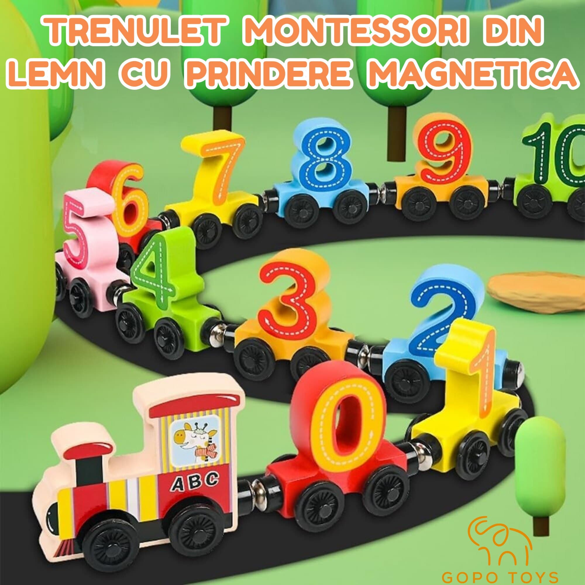 Jucarie educativa Montessori trenulet interactiv cu piese din lemn si prindere magnetica, cifre multicolore — imaginea 2