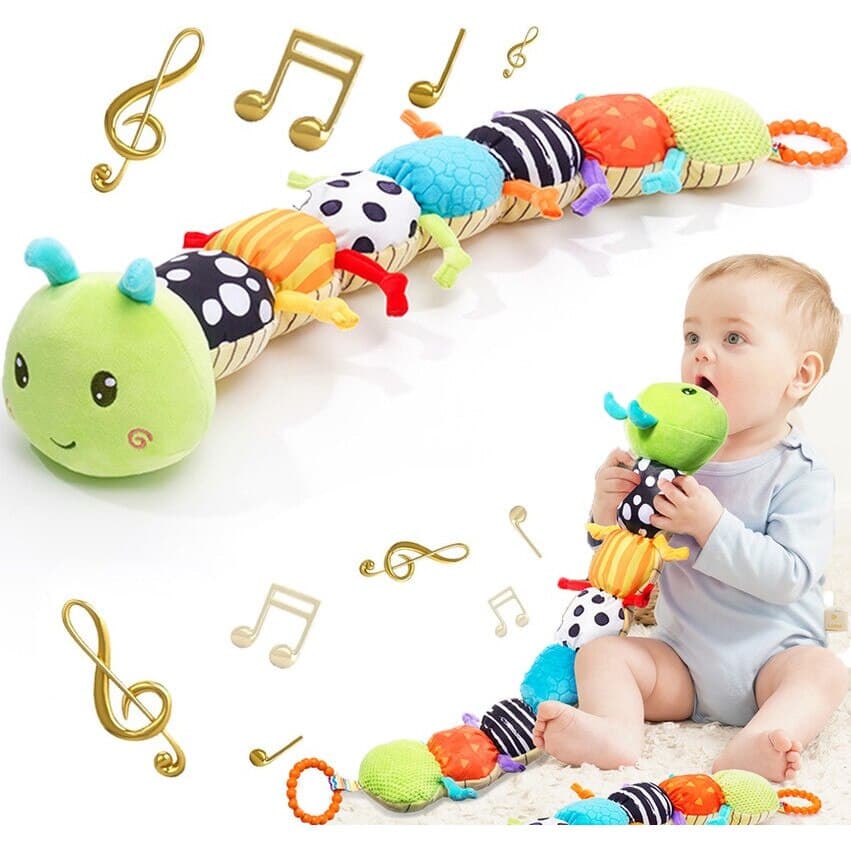 Jucarie bebe senzoriala muzicala Omida, 56x9 cm, moale, cu texturi multisenzoriale, clopotel si fosnet, 0-12 luni — imaginea 2