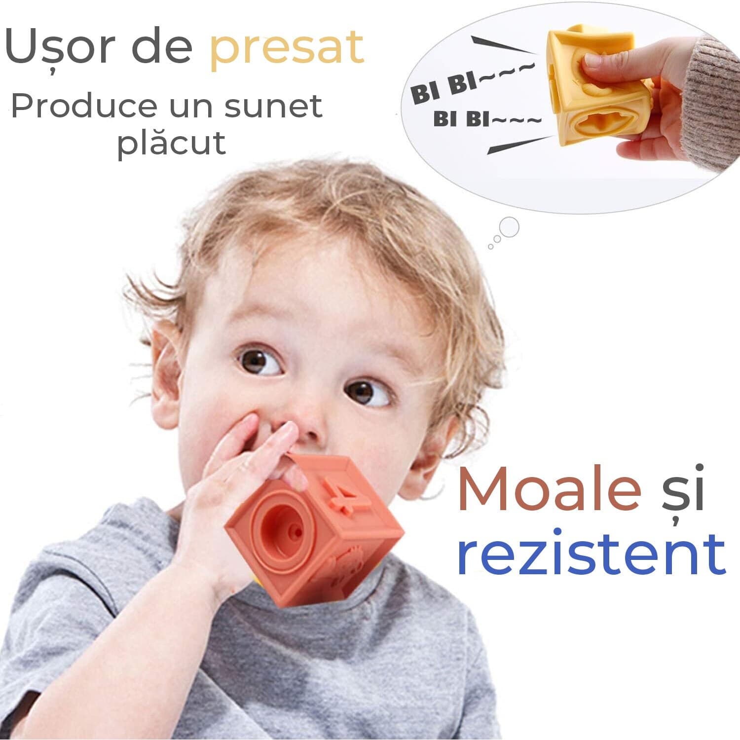 Set cuburi moi interactive pentru bebelusi Pitikot, 12 piese, cu sunete, cifre, forme si animale — imaginea 2