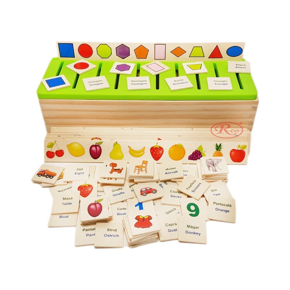 Joc Montessori RCO in limba romana/engleza, de clasificare, sortare si asociere, 88 piese din lemn — imaginea 2