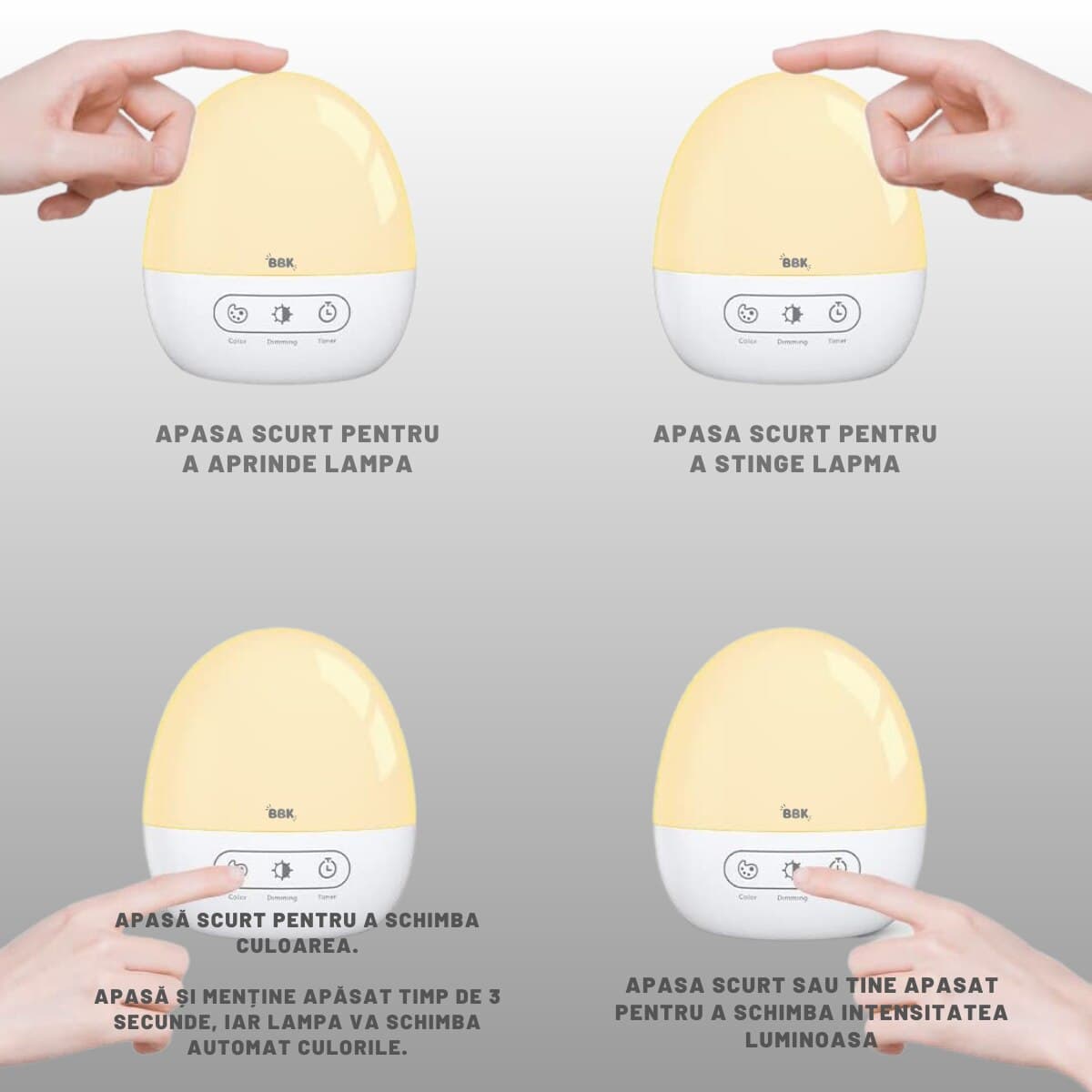 Lampa de Veghe Smart BBK®, pentru copii, cu Senzor de Miscare, 8 Culorii, Acumulator, 5 moduri de intensitare, Temporizare Oprire Automata — imaginea 4