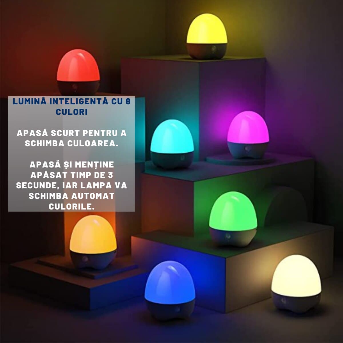 Lampa de Veghe Smart BBK®, pentru copii, cu Senzor de Miscare, 8 Culorii, Acumulator, 5 moduri de intensitare, Temporizare Oprire Automata — imaginea 5