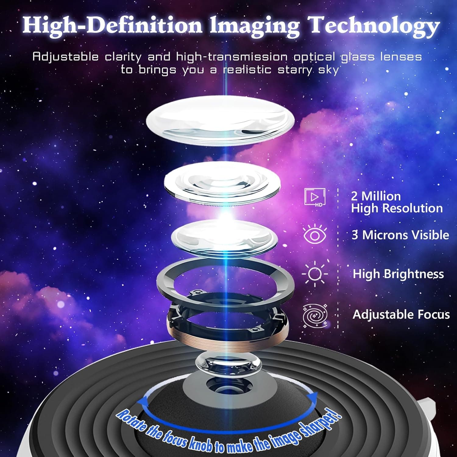 Lampa proiector Cosmic HD, lampa de veghe pentru copii rotativa 360°, focus reglabil, temporizator, proiector stele 12 discuri de proiectie: sistemul solar, luna, multiple galaxii, Pamant, alimentare USB, lampa de veghe ambtientala Ideas4Comfort, alb — imaginea 5