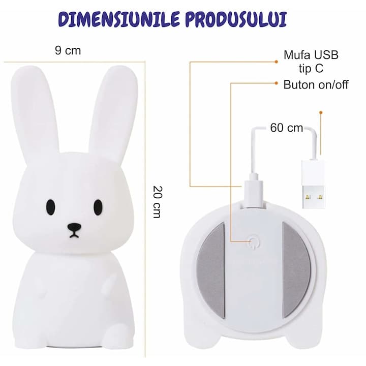 Lampa de veghe portabila cu 7 culori LED, temporizator 3 ore, Ideas4Comfort, silicon BPA-free, lavabila, reincarcabila USB, touch-control, Iepuras — imaginea 2
