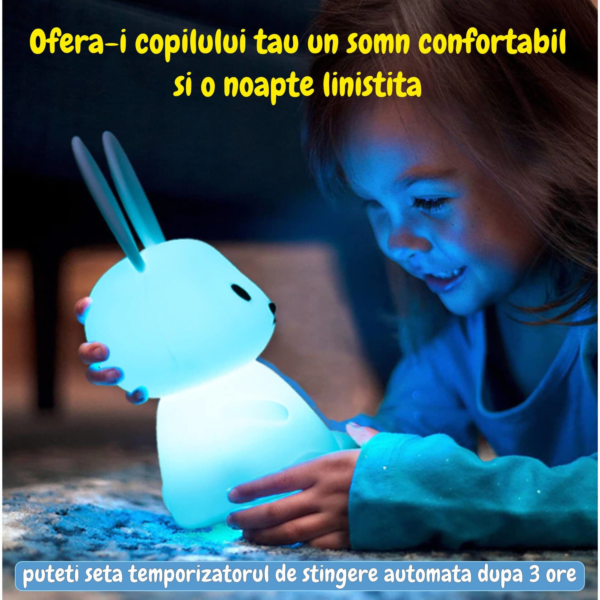 Lampa de veghe portabila cu 7 culori LED, temporizator 3 ore, Ideas4Comfort, silicon BPA-free, lavabila, reincarcabila USB, touch-control, Iepuras — imaginea 4