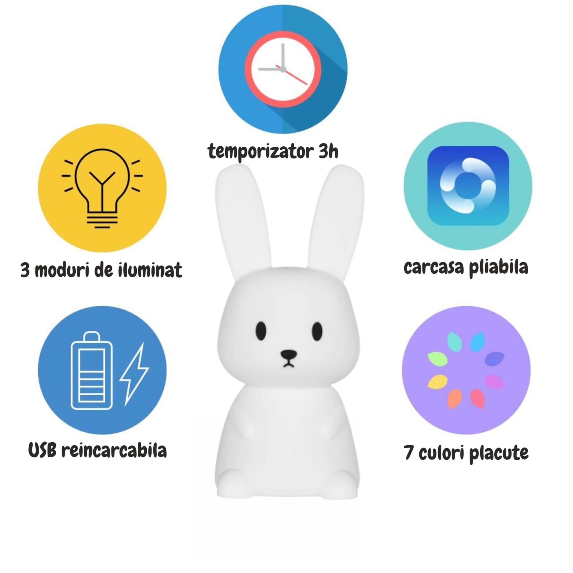 Lampa de veghe portabila cu 7 culori LED, temporizator 3 ore, Ideas4Comfort, silicon BPA-free, lavabila, reincarcabila USB, touch-control, Iepuras — imaginea 5