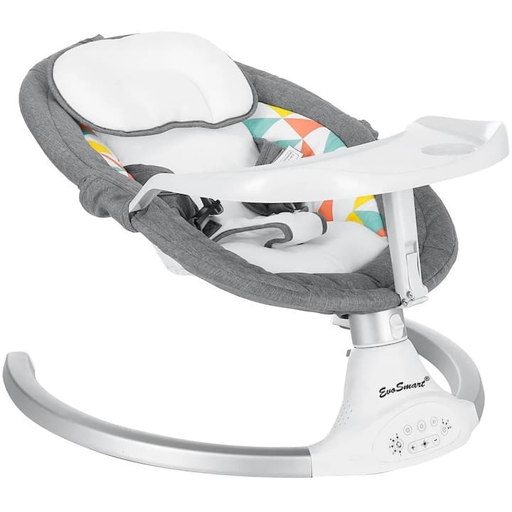 Leagan Electric EvoSmart BB06, Multifunctional Pentru Bebelusi cu Acoperis Rabatabil Si Plasa Protectie Tantari, Conexiune Bluetooth, 5 Trepte Balansoar, Telecomanda, Reglabil, Jucarii si Melodii, Functie EasyTouch, Gri