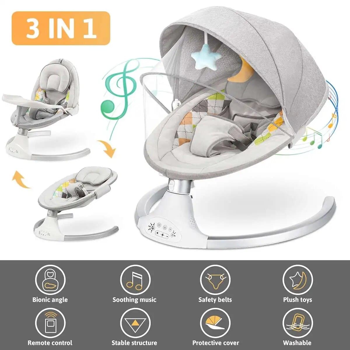 Leagan Electric EvoSmart BB06, Multifunctional Pentru Bebelusi cu Acoperis Rabatabil Si Plasa Protectie Tantari, Conexiune Bluetooth, 5 Trepte Balansoar, Telecomanda, Reglabil, Jucarii si Melodii, Functie EasyTouch, Gri — imaginea 4