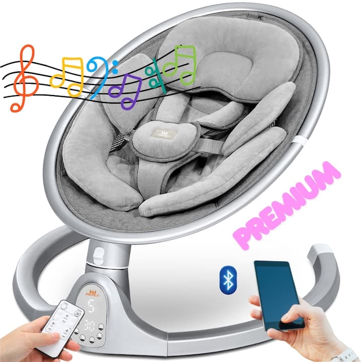 Leagan Electric Bebelusi KidProtect® Baby Bliss, Muzica 10 Piese Incorporate sau Bluetooth, Telecomanda, 5 Trepte Balansoar, Timmer, Centura Siguranta, Pernuta, Bara Jucarii, Baza Aluminiu, Gri