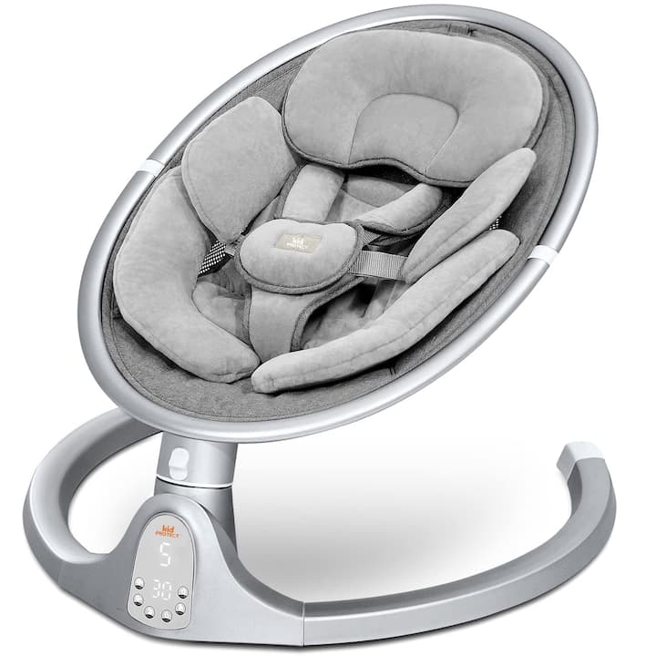 Leagan Electric Bebelusi KidProtect® Baby Bliss, Muzica 10 Piese Incorporate sau Bluetooth, Telecomanda, 5 Trepte Balansoar, Timmer, Centura Siguranta, Pernuta, Bara Jucarii, Baza Aluminiu, Gri — imaginea 2
