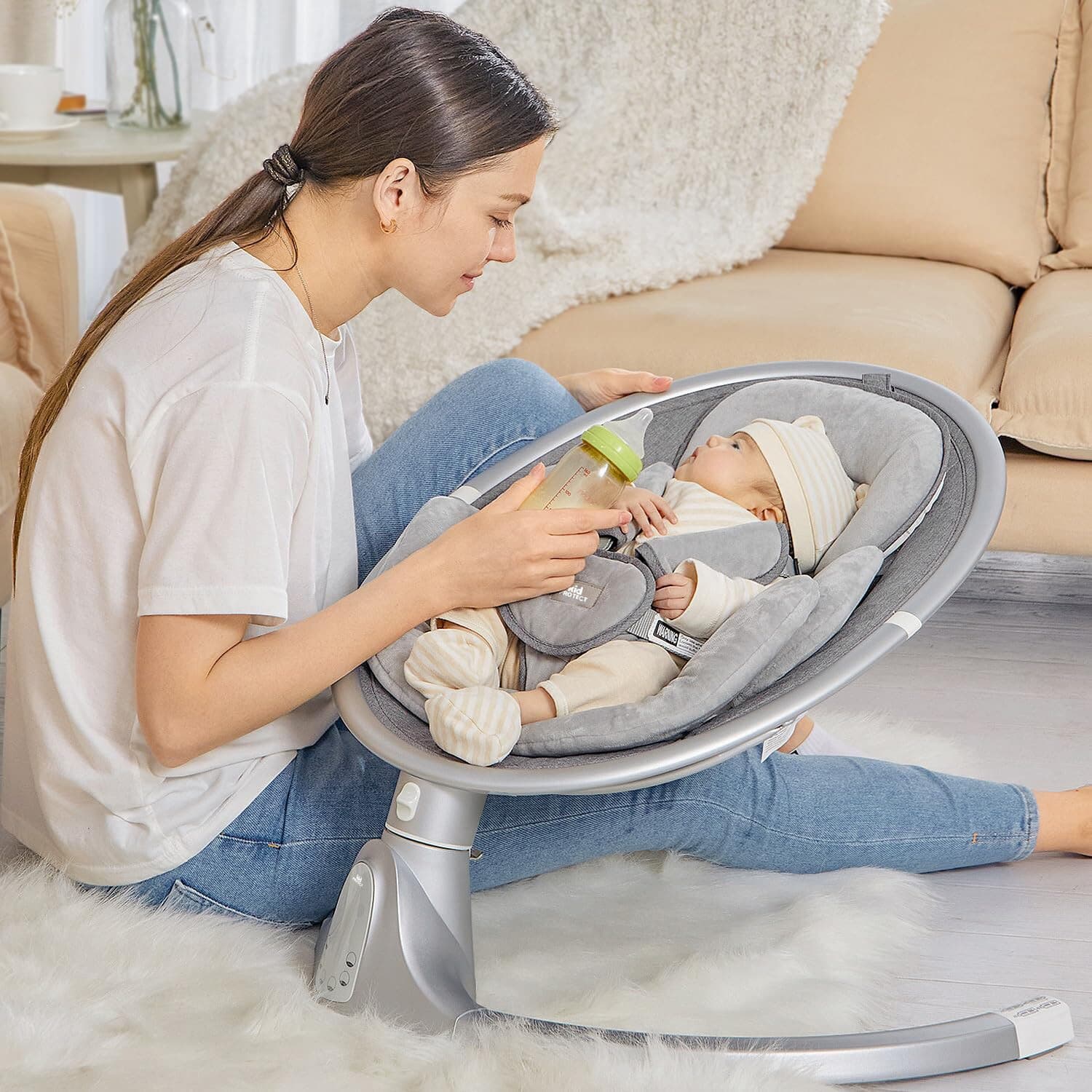 Leagan Electric Bebelusi KidProtect® Baby Bliss, Muzica 10 Piese Incorporate sau Bluetooth, Telecomanda, 5 Trepte Balansoar, Timmer, Centura Siguranta, Pernuta, Bara Jucarii, Baza Aluminiu, Gri — imaginea 3