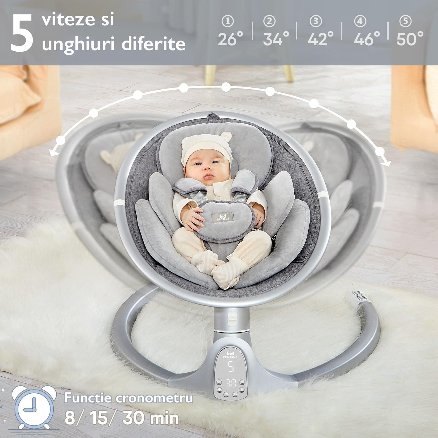 Leagan Electric Bebelusi KidProtect® Baby Bliss, Muzica 10 Piese Incorporate sau Bluetooth, Telecomanda, 5 Trepte Balansoar, Timmer, Centura Siguranta, Pernuta, Bara Jucarii, Baza Aluminiu, Gri — imaginea 4