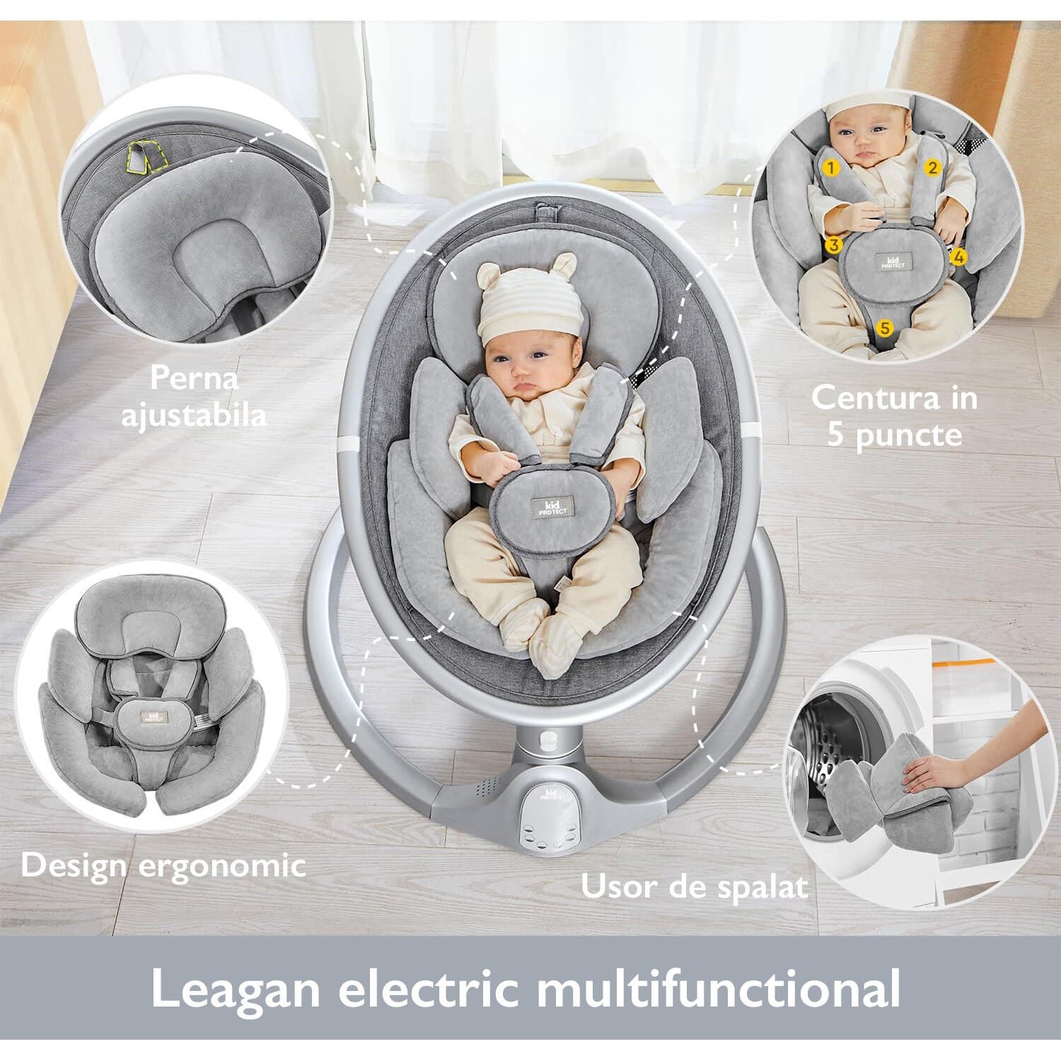 Leagan Electric Bebelusi KidProtect® Baby Bliss, Muzica 10 Piese Incorporate sau Bluetooth, Telecomanda, 5 Trepte Balansoar, Timmer, Centura Siguranta, Pernuta, Bara Jucarii, Baza Aluminiu, Gri — imaginea 5